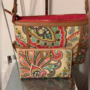 Spartina 449 Paisley Canvas Shoulder Bag and Wallet in Pink, Turquoise and Cream